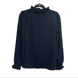 NWT Zenana Navy Ruffle Hem Neckline Long-sleeve Blouse Size Small